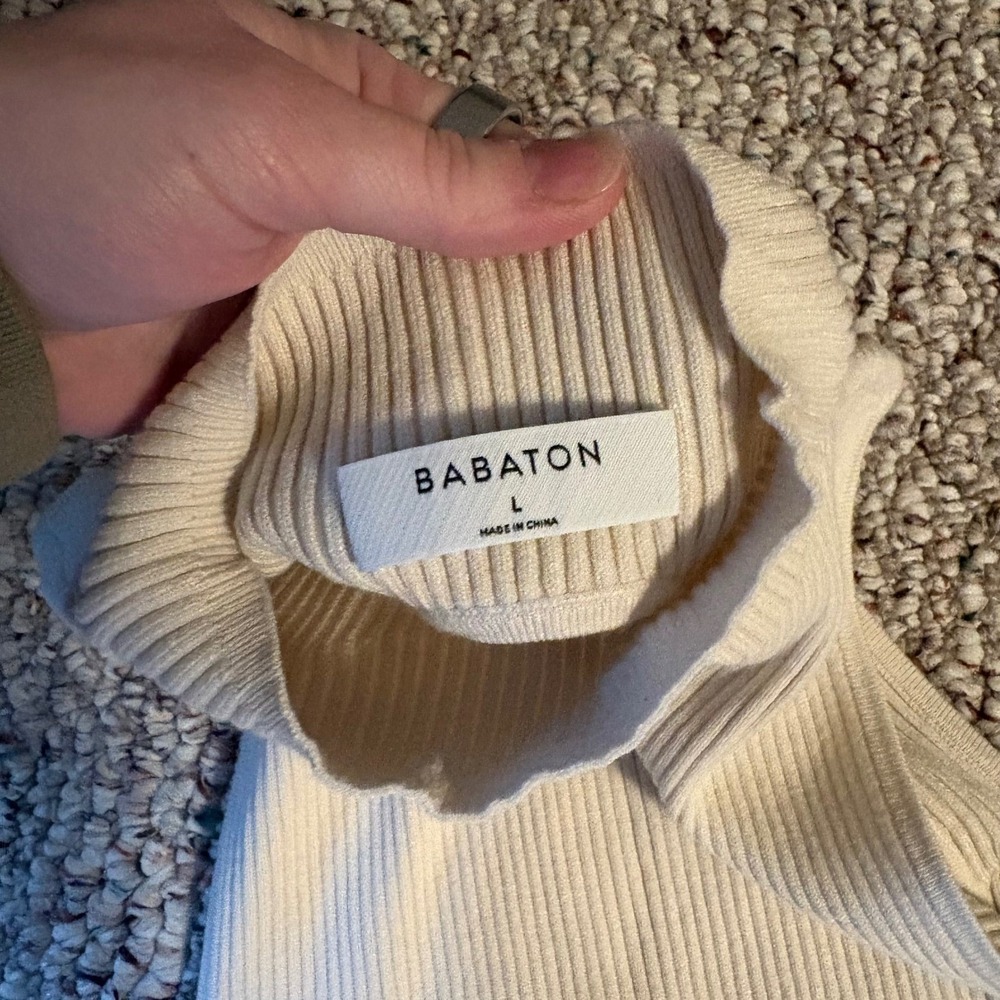 Aritzia Babaton‎ Cream Midi Dress Mock Neck Cut Out Open Back Large - Picture 7 of 10